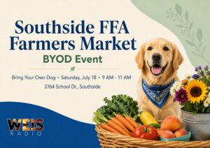 Golden retriever with fresh produce and flowers promoting the Southside FFA Farmers Market BYOD event.