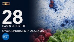 WEIS news graphic reporting 28 Alabama cyclosporiasis cases with official Alabama Public Health and CDC imagery.