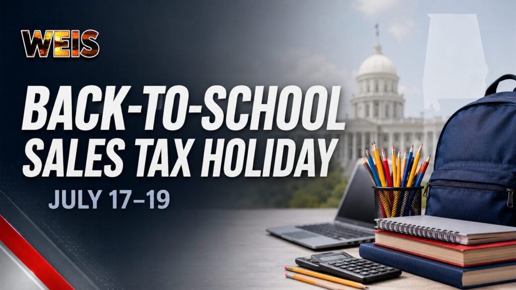 WEIS Back-to-School Sales Tax Holiday graphic featuring school supplies, a backpack, books, a laptop and the dates July 17-19.