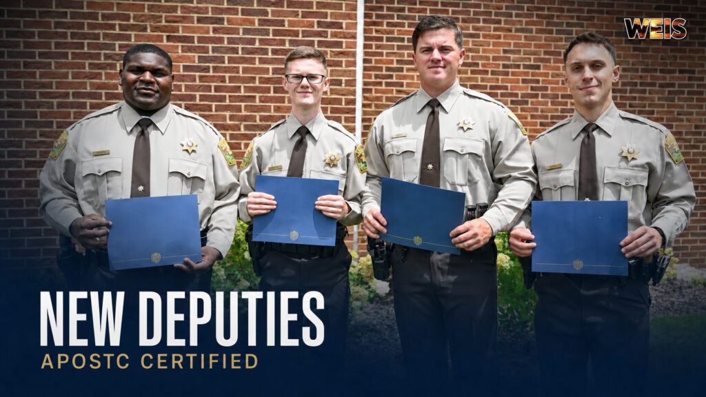 Calhoun County new deputies Xavier DeRamus, Wyatt Smith, Dalton Scott, and Koal Garrett display their academy certificates

