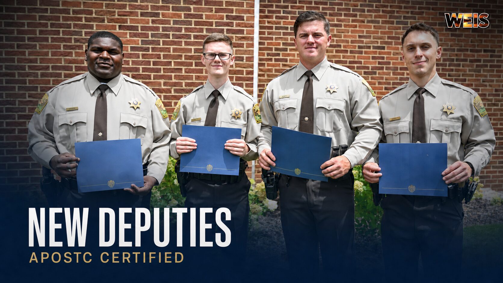Calhoun County new deputies Xavier DeRamus, Wyatt Smith, Dalton Scott, and Koal Garrett display their academy certificates Caption: Four new Calhoun County deputies e