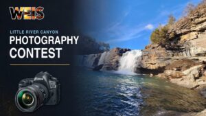 Photography contest header featuring Little River Falls, a Canon camera and WEIS branding.