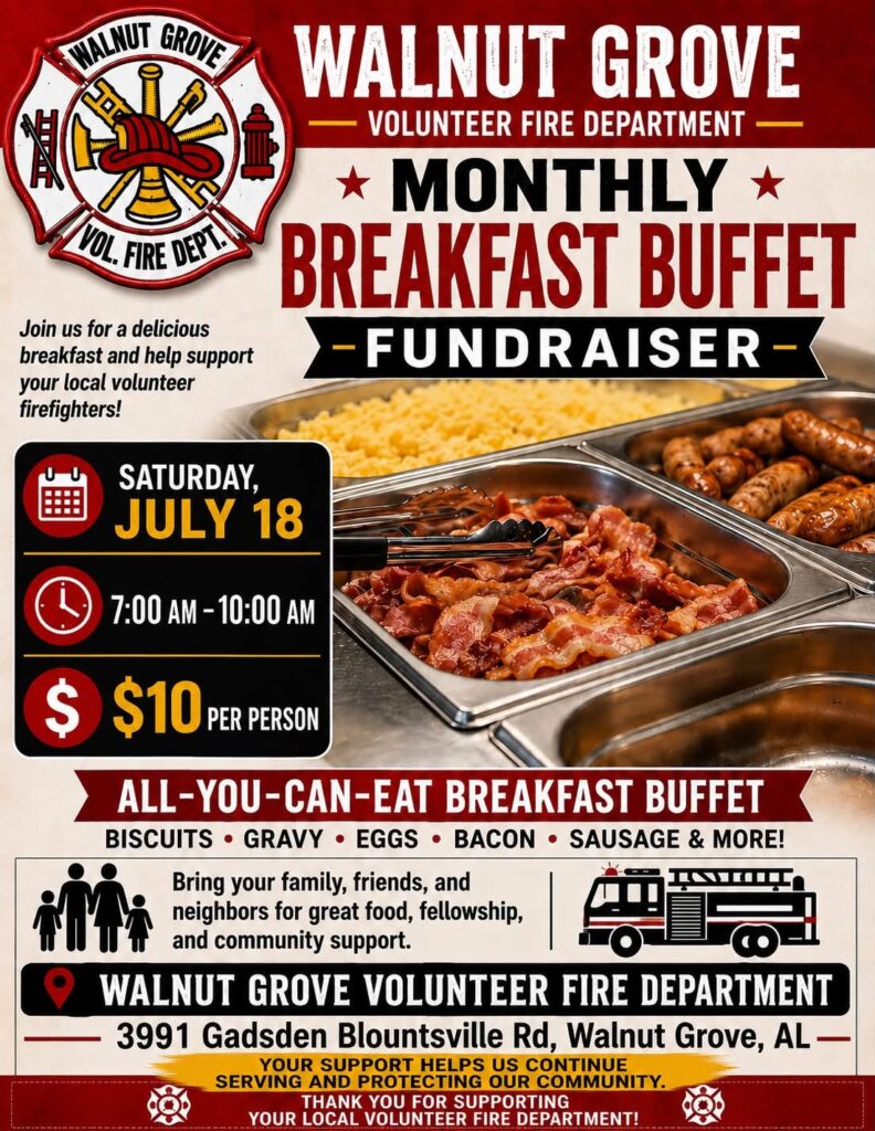 Walnut Grove Volunteer Fire Department breakfast buffet fundraiser scheduled for July 18.