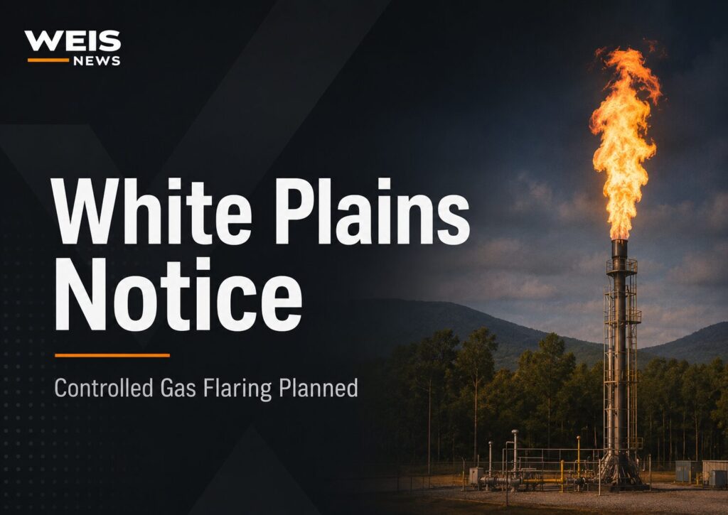 White Plains controlled gas flaring news graphic showing an industrial flare stack with a visible flame.