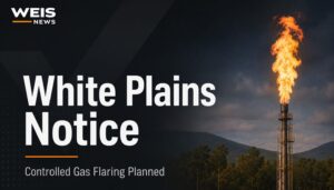 White Plains controlled gas flaring news graphic showing an industrial flare stack with a visible flame.