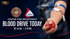 WEIS Radio news header for the Centre Fire Department blood drive with Blood Assurance at 421 East Main Street in Centre, Alabama.