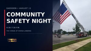 WEIS News header featuring Tony Hathcock’s photograph from a previous Gadsden Community Safety Night, showing families, emergency vehicles, a fire department ladder, and a large American flag.