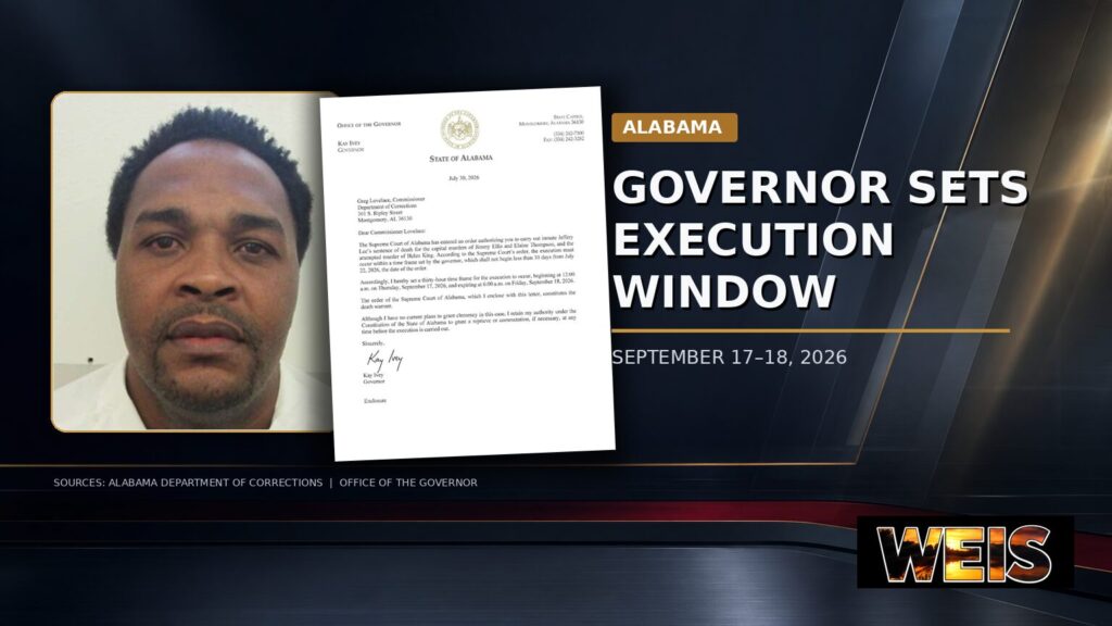 WEIS Radio news graphic featuring Jeffery Lee, Gov. Kay Ivey’s signed letter, and details of the September execution window beginning Sept. 17.