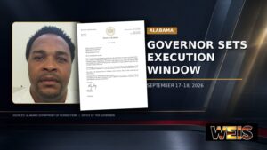 WEIS Radio news graphic featuring Jeffery Lee, Gov. Kay Ivey’s signed letter, and details of the September execution window beginning Sept. 17.