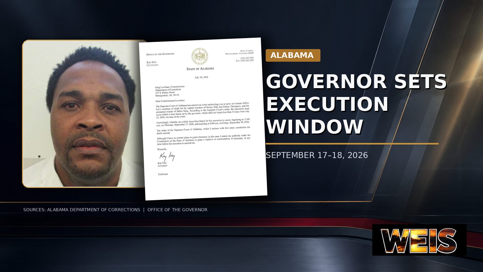 WEIS Radio news graphic featuring Jeffery Lee, Gov. Kay Ivey’s signed letter, and details of the September execution window beginning Sept. 17.