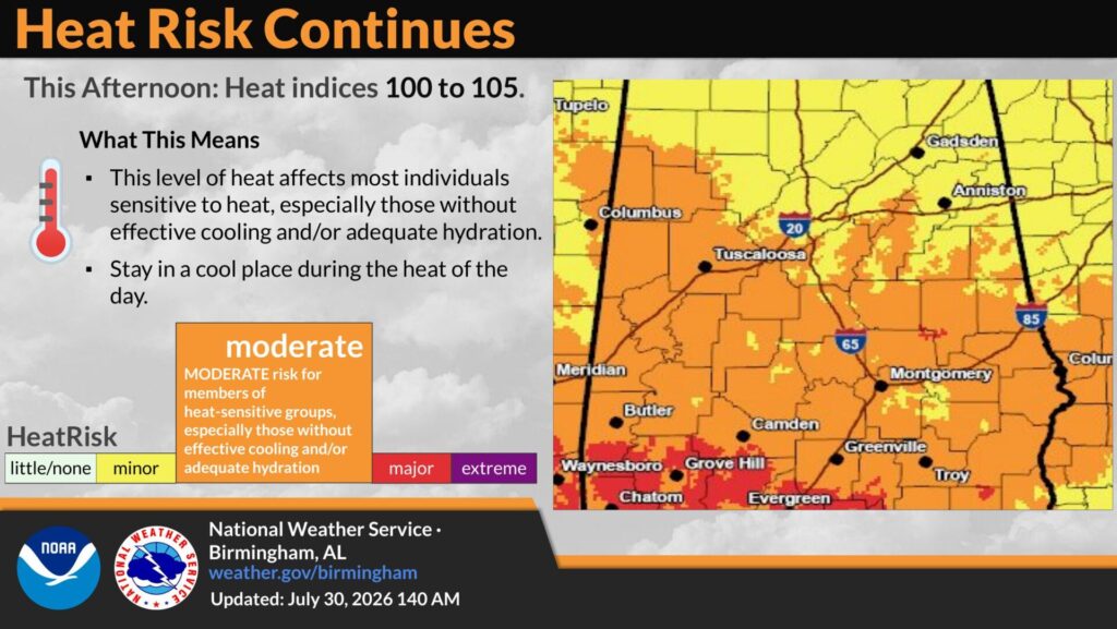 Central Alabama heat and severe weather briefing showing heat-index values approaching 105 degrees Thursday