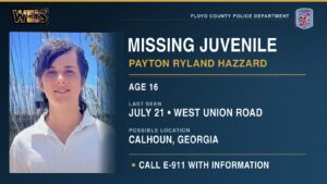 Photograph of missing 16-year-old Payton Ryland Hazzard with Floyd County Police contact information