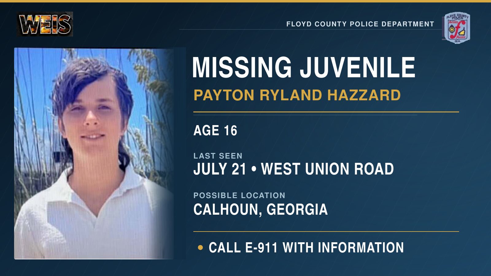 Photograph of missing 16-year-old Payton Ryland Hazzard with Floyd County Police contact information