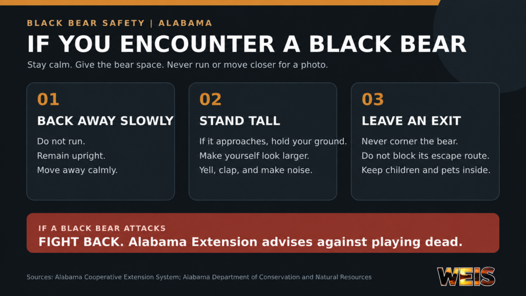 Alabama black bear encounter safety graphic advising people to back away slowly, stand tall, and leave the bear an exit.
