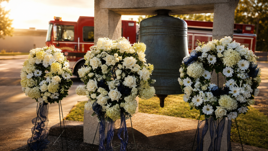 Memorial wreaths and fire bell at the Gadsden firefighter memorial marking 50 years since three firefighters were killed in the 1976 explosion