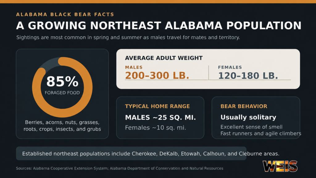 Northeast Alabama black bear facts graphic showing diet, average weight, home range, behavior, and established regional populations.
