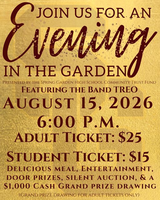 Evening in the Garden event invitation featuring live music by Treo in Spring Garden