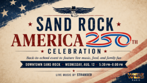 Sand Rock America 250 and back-to-school celebration news header with patriotic graphics and subtle WEIS branding.