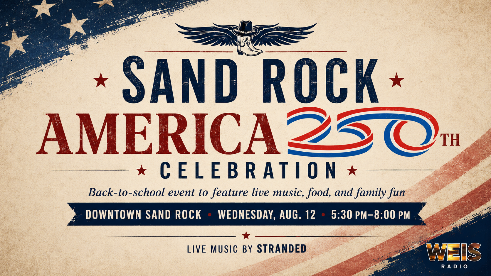 Sand Rock America 250 and back-to-school celebration news header with patriotic graphics and subtle WEIS branding.