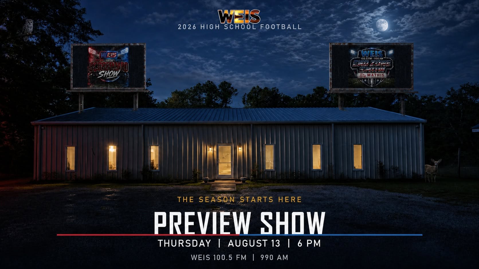 WEIS High School Football Preview Show graphic promoting the Aug. 13 broadcast with Shannon Fagan, Roy Mitchell, and Tony Hathcock.