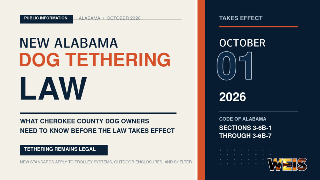 Alabama dog tethering law requirements taking effect Oct. 1, 2026
