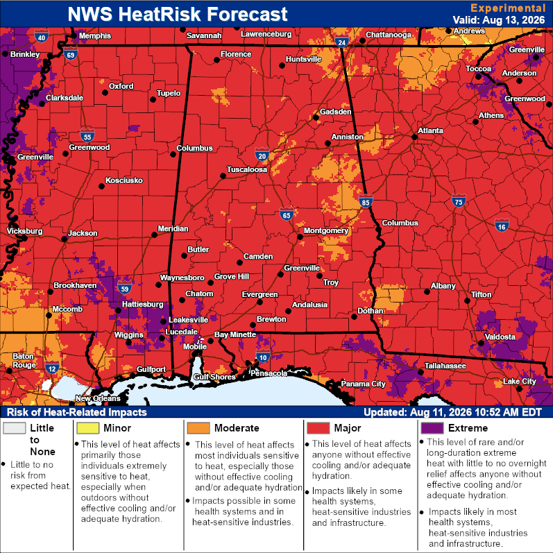 Major heat-related impact risk forecast across most of Alabama on Thursday, August 13.