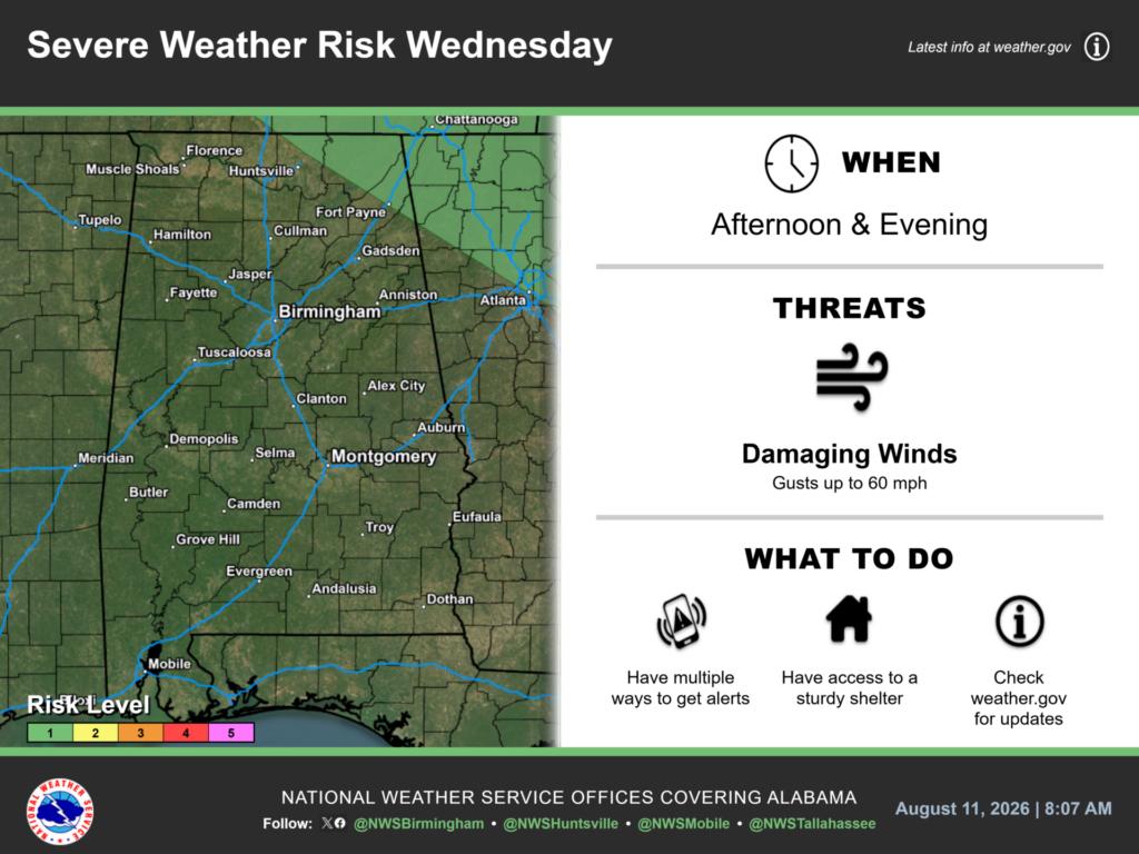 Level 1 severe-weather risk across portions of far northeast Alabama on Wednesday, August 12