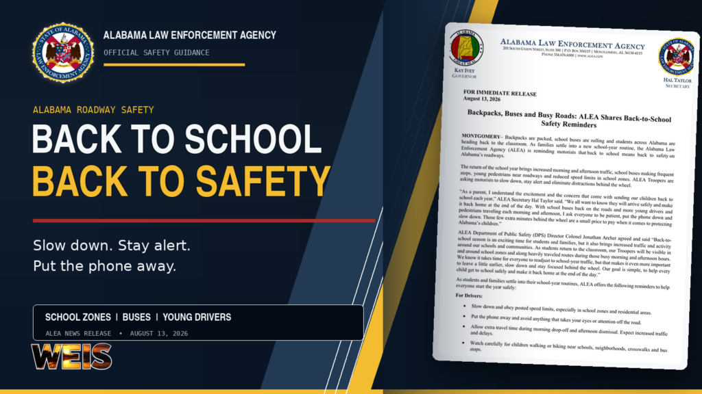 Alabama Law Enforcement Agency back-to-school safety header urging drivers to slow down near school zones, buses, and students.