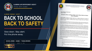 Alabama Law Enforcement Agency back-to-school safety header urging drivers to slow down near school zones, buses, and students.