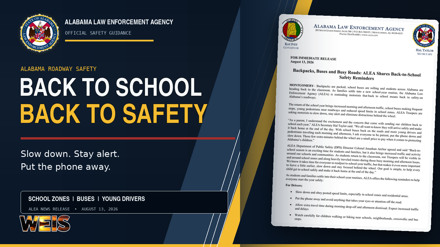 Alabama Law Enforcement Agency back-to-school safety header urging drivers to slow down near school zones, buses, and students.