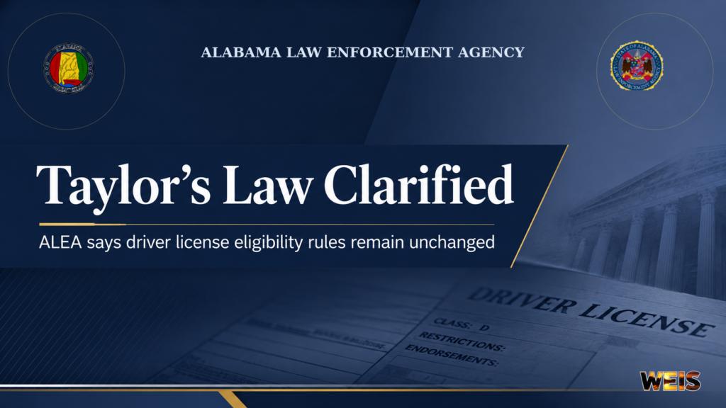 ALEA Taylor’s Law news header explaining that Alabama driver license eligibility requirements remain unchanged.
