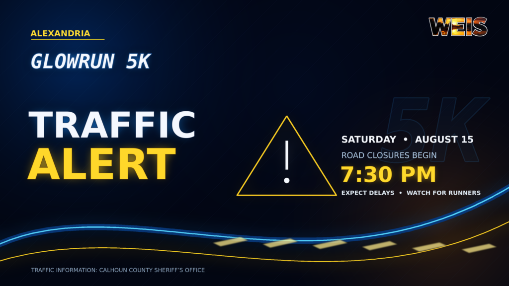 Alexandria GlowRun 5K traffic alert announcing temporary road closures beginning at 7:30 p.m. Saturday, Aug. 15.