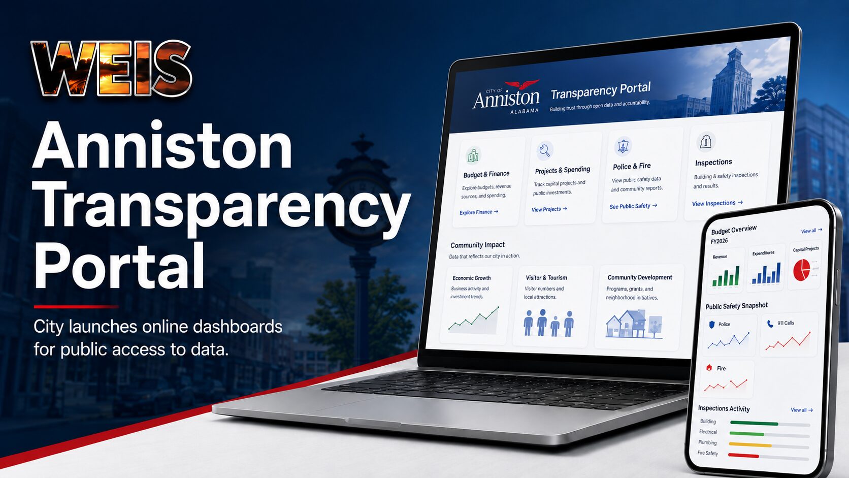 Anniston Transparency Portal displayed on digital devices in a WEIS News header
