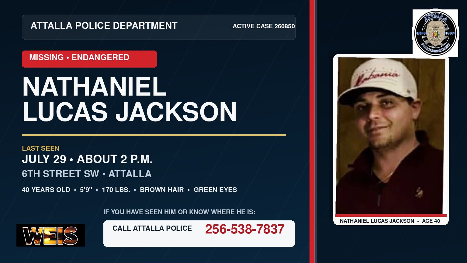 Nathaniel Lucas Jackson missing in Attalla after being last seen near Sixth Street Southwest