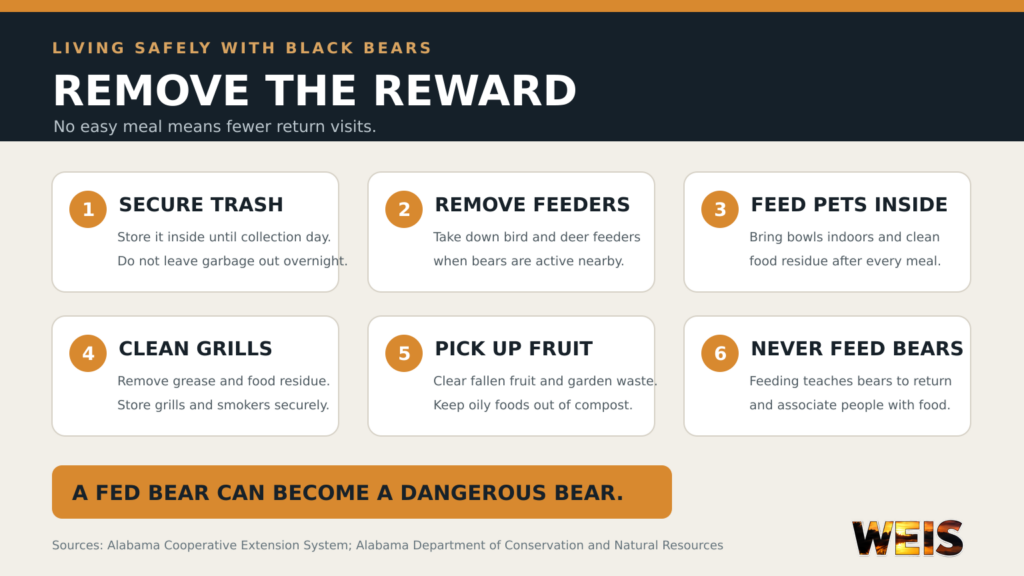 Black bear home safety checklist explaining how to secure trash, remove feeders, feed pets inside, clean grills, and remove other attractants.