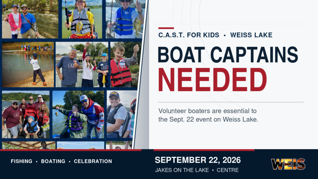 Weiss Lake boat captains needed for the 2026 C.A.S.T. for Kids fishing event