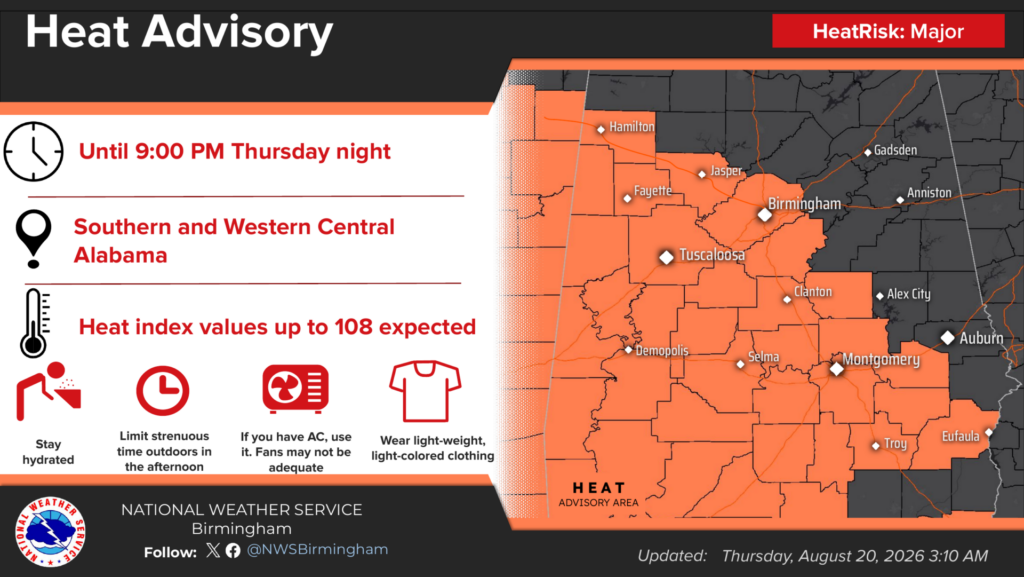 Heat Advisory map for southern and western Central Alabama through 9 p.m. Thursday, with heat index values up to 108 degrees.