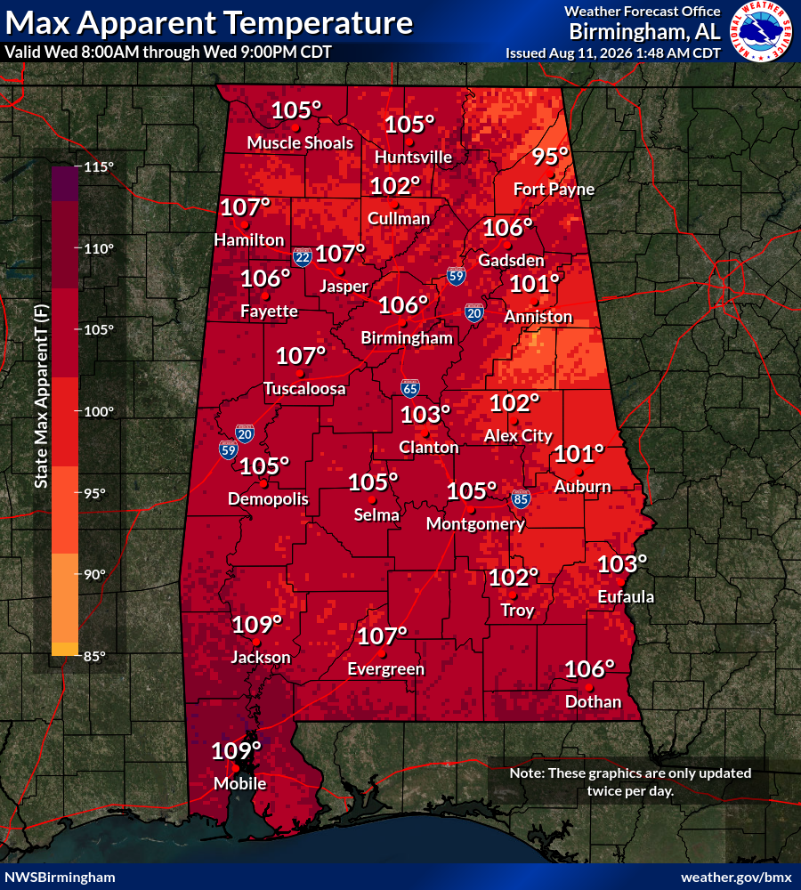 Maximum apparent temperatures forecast Wednesday, including 106 degrees in Gadsden, 101 in Anniston and 95 in Fort Payne.