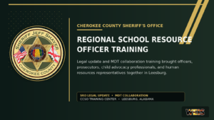 Cherokee County Sheriff’s Office regional School Resource Officer training news header featuring the official sheriff’s office seal and WEIS branding.