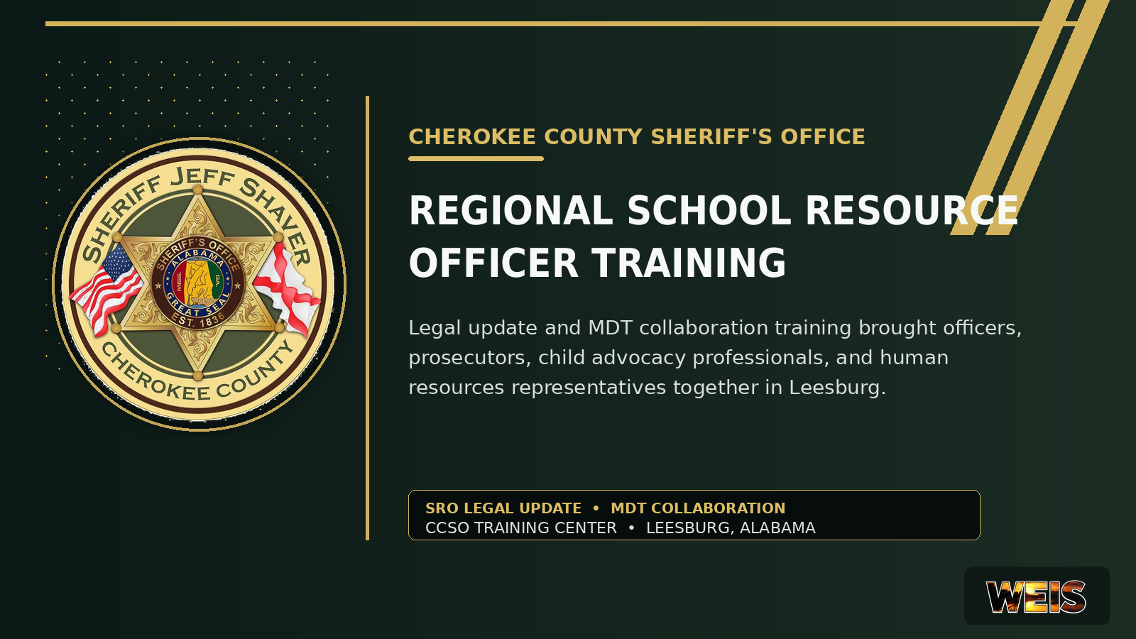Cherokee County Sheriff’s Office regional School Resource Officer training news header featuring the official sheriff’s office seal and WEIS branding.