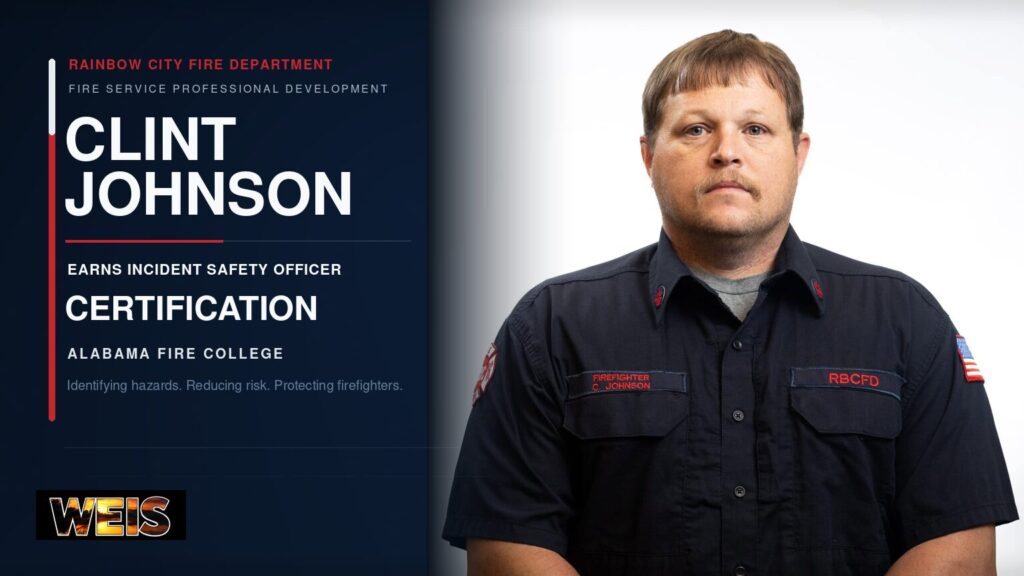 Clint Johnson earns Incident Safety Officer certification through the Alabama Fire College.