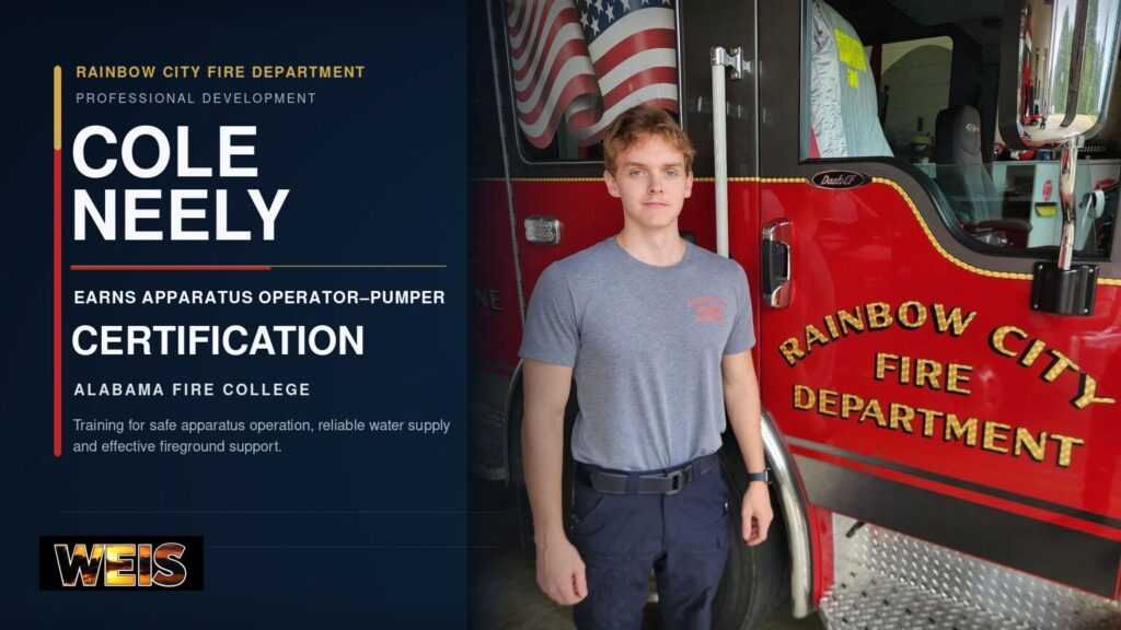 Firefighter Cole Neely earns Apparatus Operator-Pumper certification through the Alabama Fire College.