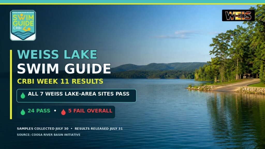 CRBI Swim Guide Week 11 results showing all seven Weiss Lake-area sites passed water-quality testing