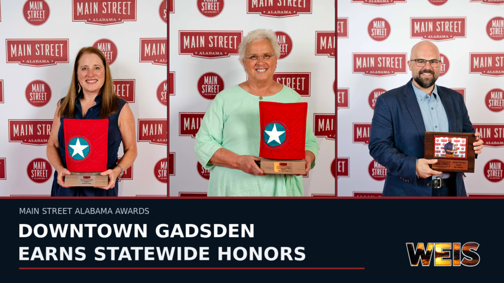 Downtown Gadsden Main Street Alabama awards recipients Catherine Martin, Kay Moore, and Ray Wetzel display their honors.