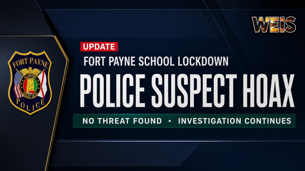 Fort Payne Police badge beside a Police Suspect Hoax headline for the Fort Payne school lockdown update