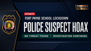 Fort Payne Police badge beside a Police Suspect Hoax headline for the Fort Payne school lockdown update