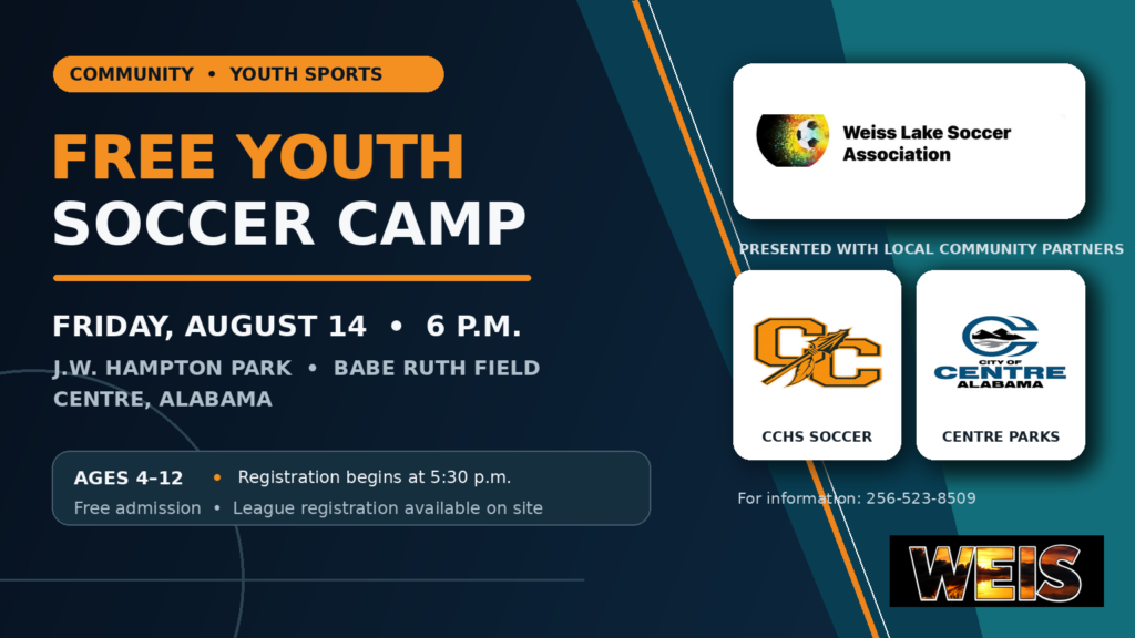 WEIS newsroom graphic for the free youth soccer camp in Centre