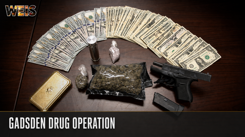 Cash, packaged suspected drugs, firearms and magazines displayed in a WEIS News header for the Gadsden drug operation.