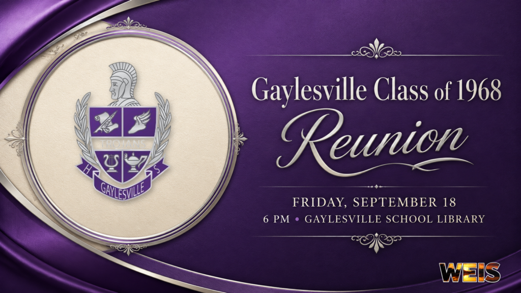 Gaylesville Class of 1968 reunion header featuring the Gaylesville school crest and event details for Sept. 18.
