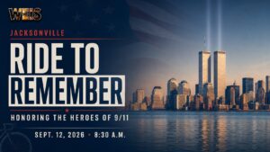 WEIS news graphic for Jacksonville’s Ride to Remember featuring the Twin Towers skyline, a patriotic American flag treatment and the Sept. 12, 2026, event date.